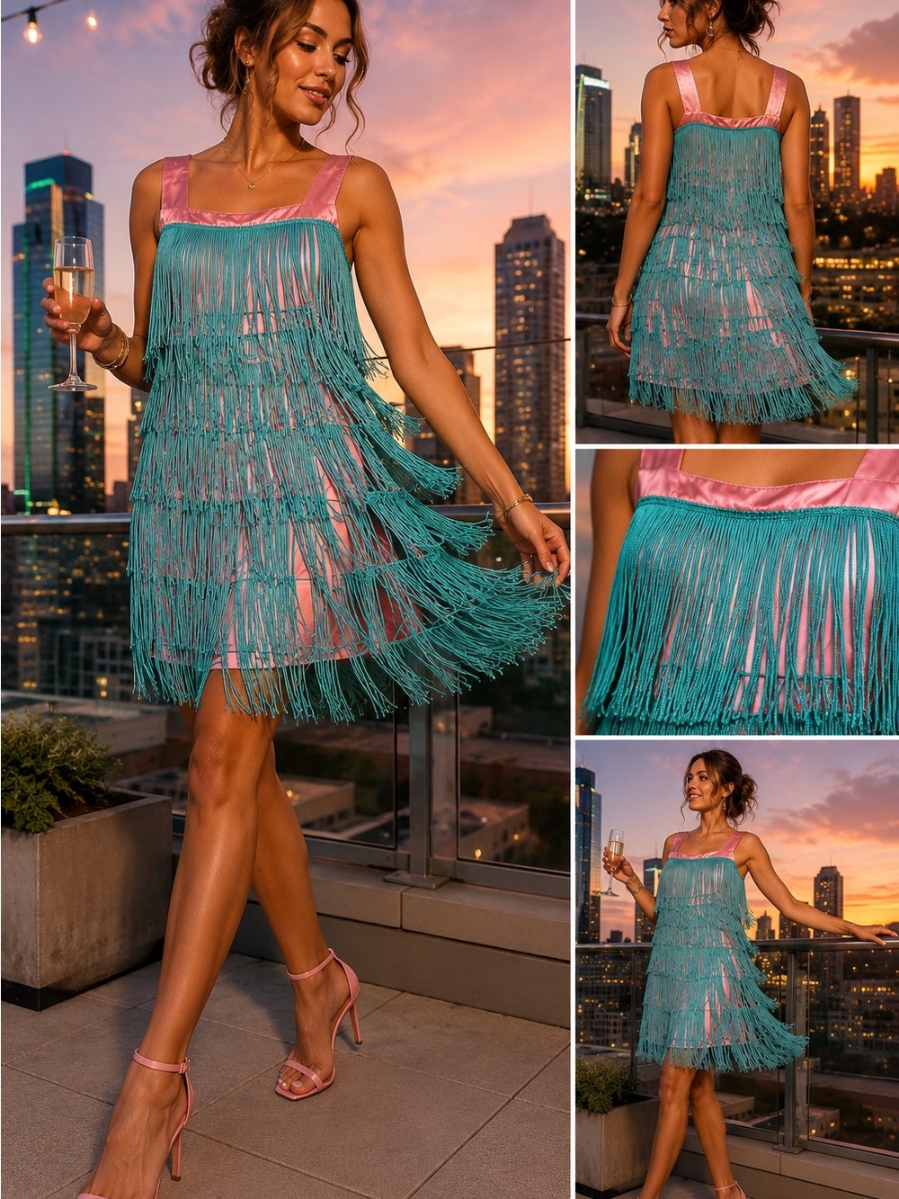 Handmade Fringe Dress Pink Satin Turquoise Layered Flapper Festival Boho
